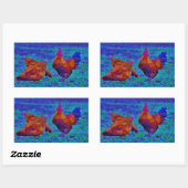 Sticker Rectangulaire Coq et poules arc-en-ciel, bleu électrique (Feuille)