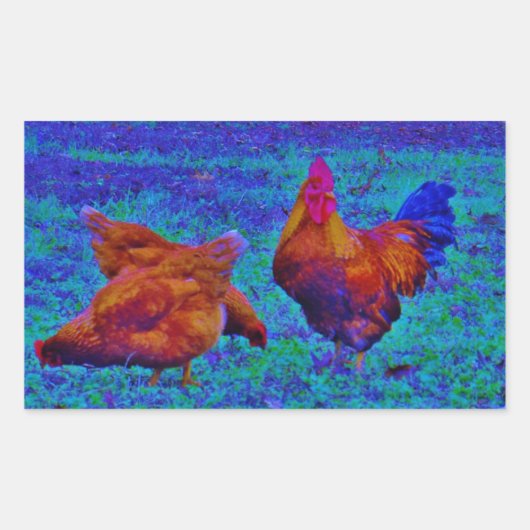 Sticker Rectangulaire Coq et poules arc-en-ciel, bleu électrique (Devant)