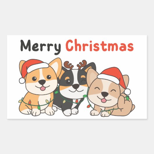 Sticker Rectangulaire Corgi Christmas Animaux mignons Chiens Joyeux Noël (Devant)