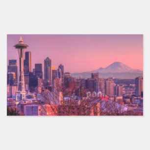 Sticker Rectangulaire Coucher de soleil derrière Seattle depuis Kerry Pa
