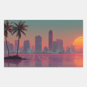 Sticker Rectangulaire Coucoucher de soleil Retro Synthwave Cityscape