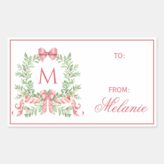 Sticker Rectangulaire Couronne de Noël avec ruban | Monogramme (Devant)