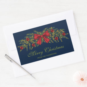 Sticker Rectangulaire Couronne de Noël avec un nœud rouge et des boules