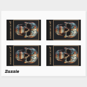 Sticker Rectangulaire Crâne de Día de los Muertos en turquoise sur fond
