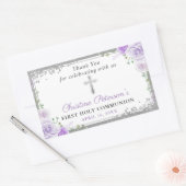 Sticker Rectangulaire Croix d'argent violet florale première sainte comm (Enveloppe)