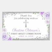 Sticker Rectangulaire Croix d'argent violet florale première sainte comm (Devant)