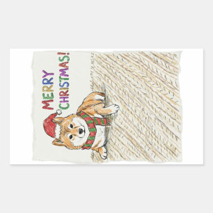 Sticker Rectangulaire Croquis rustique vintage de Shiba Inu pour Noël -