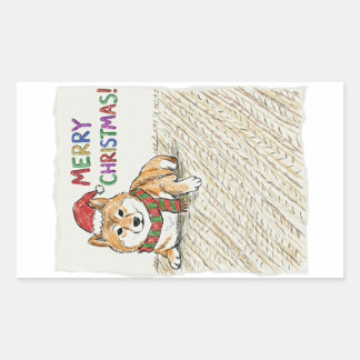 Sticker Rectangulaire Croquis rustique vintage de Shiba Inu pour Noël -