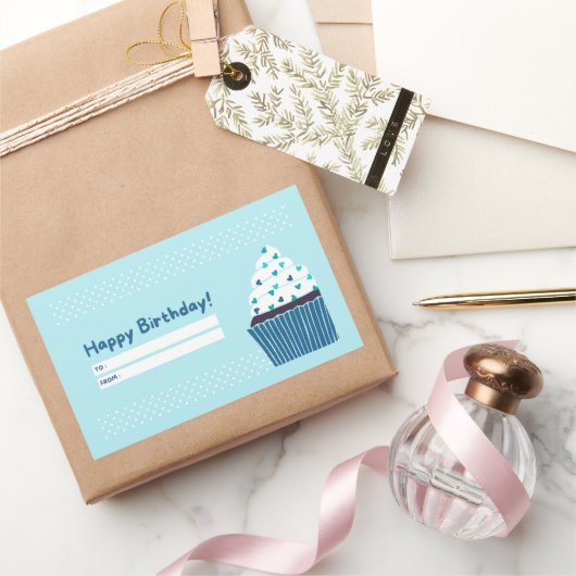 Sticker Rectangulaire Cupcake d'anniversaire bleu (Cadeaux)