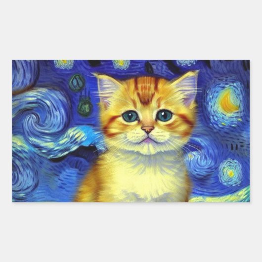 Sticker Rectangulaire Cute Kitten Starry Night Van Gogh (Devant)