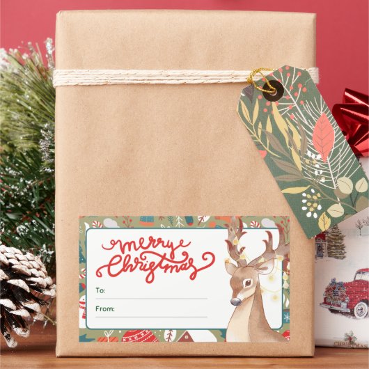 Sticker Rectangulaire Cute Reindeer Merry Christmas Lights (vacances)
