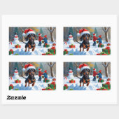 Sticker Rectangulaire Dachshund Courir en neige avec Casquette de Noël (Feuille)