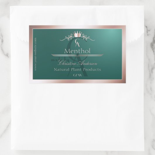 Sticker Rectangulaire Dark Teal Product Label Rose Gold Frame Monogram (Sac)