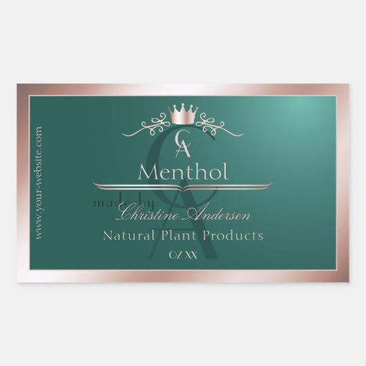 Sticker Rectangulaire Dark Teal Product Label Rose Gold Frame Monogram (Devant)