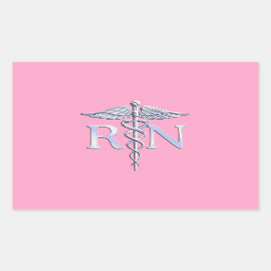 Sticker Rectangulaire Décor rose-clair de caducée argenté d'infirmier