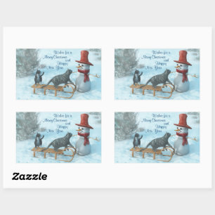 Sticker Rectangulaire Deux Chats et un Snowman