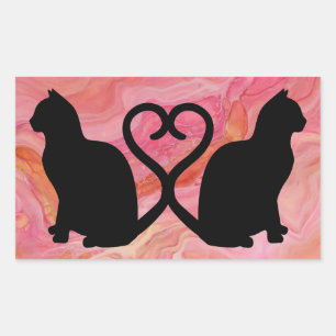 Sticker Rectangulaire Deux chats - Tails cardiaques sur marbre rose