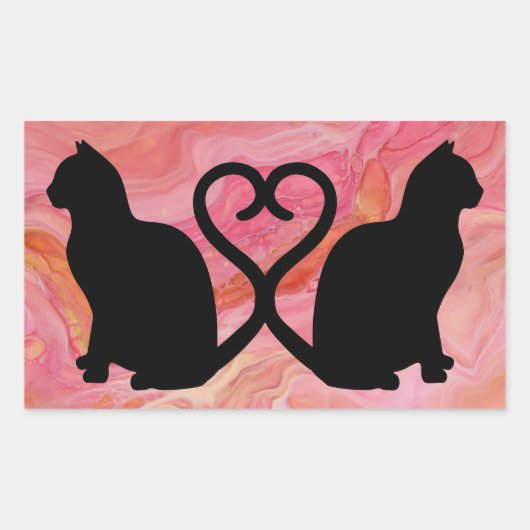 Sticker Rectangulaire Deux chats - Tails cardiaques sur marbre rose (Devant)