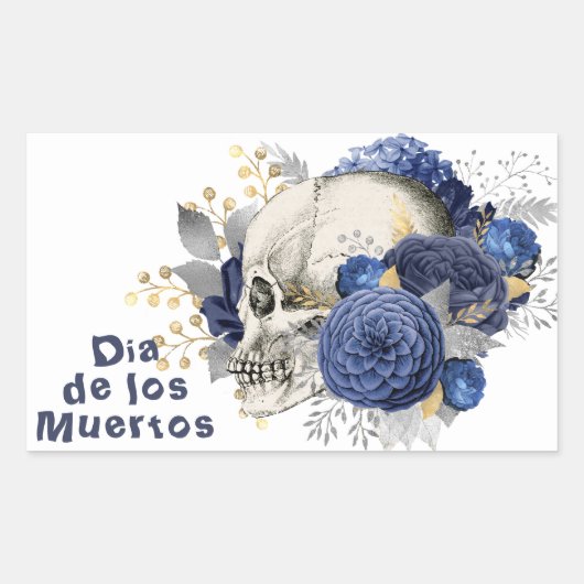 Sticker Rectangulaire Dia de los Muertos Blue Floral Crâne (Devant)