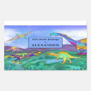 Sticker Rectangulaire Dinosaures Ce Livre Appartient à Nom de l'Enfant