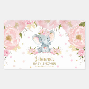 Sticker Rectangulaire Douce Éléphant Rose Fleurie Baby Shower