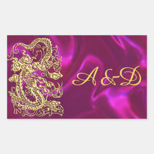 Sticker Rectangulaire Dragon d'or embouti sur Magenta Satin Impression