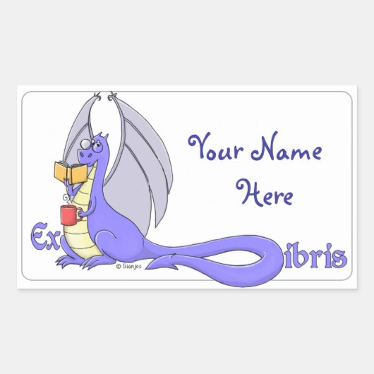 Sticker Rectangulaire Dragon Lecture d'un livre ex libris / bibliothèque (Devant)