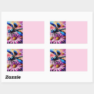 Sticker Rectangulaire Dragonfly impressionniste sur les marguerites rose