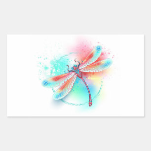 Sticker Rectangulaire Dragonfly rouge sur l'arrière - plan aquarelle