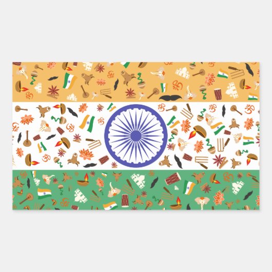 Sticker Rectangulaire Drapeau de l'Inde avec des objets culturels (Devant)