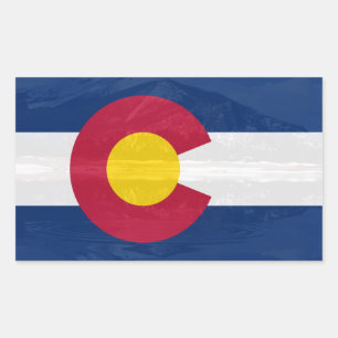 Sticker Rectangulaire Drapeau du Colorado avec arrière - plan de montagn