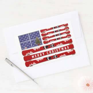 Sticker Rectangulaire Drapeau Noël Skis et neige USA