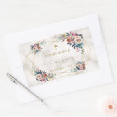 Sticker Rectangulaire Dusty Blue Misty Rose Fleurs or Christening (Enveloppe)