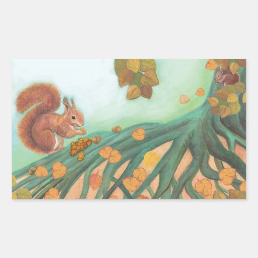 Sticker Rectangulaire Écureuils mignons mangeant des noisettes Illustrat (Devant)