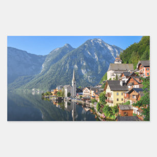 Sticker Rectangulaire Église et village de Hallstatt, Autriche avec Alpe