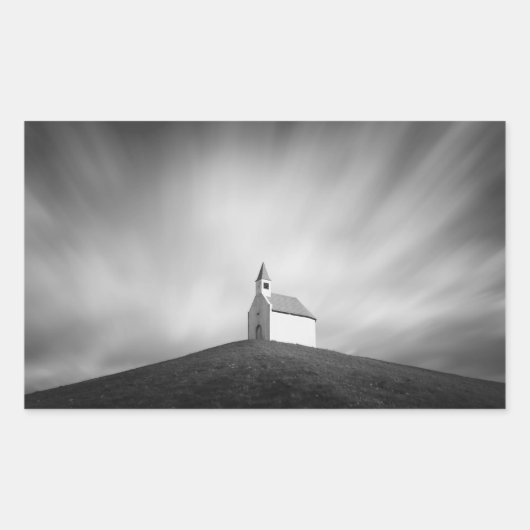 Sticker Rectangulaire Eglise sur une colline en noir et blanc (Devant)