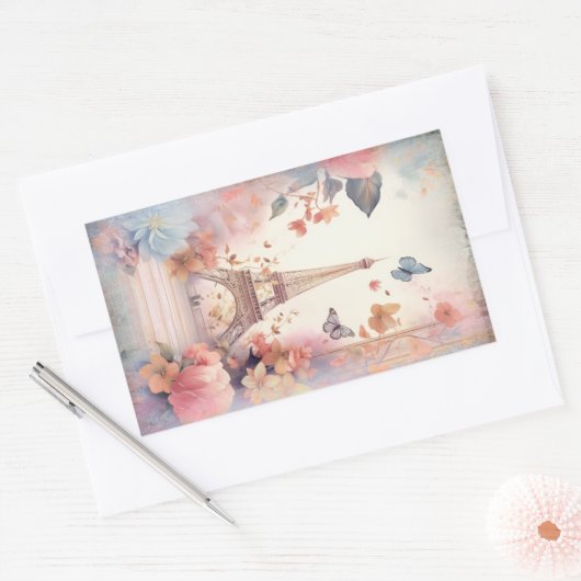 Sticker Rectangulaire Eiffel Tower Butterflies and Flowers (Enveloppe)