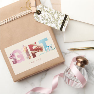 Sticker Rectangulaire Élégant Beige Neutre GIFT Typographie Photo Grand