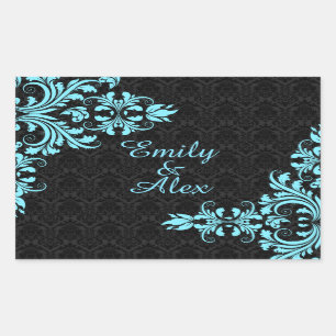 Sticker Rectangulaire Élégant bleu clair dentelle noir Damas