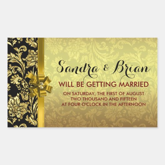 Sticker Rectangulaire Élégant Damas Black & Metallic Gold (Devant)