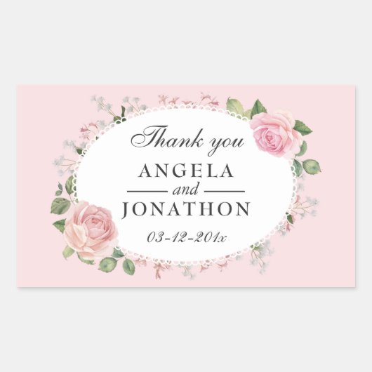 Sticker Rectangulaire Élégant dentelle florale Merci Mariage rose pâle (Devant)