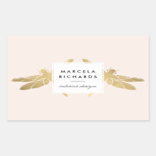 Sticker Rectangulaire Élégant Duo de libellules d'or Faux sur rose