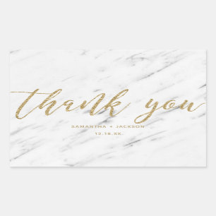 Sticker Rectangulaire Élégant Marbre blanc et or Mariage Merci de 