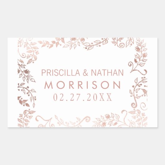 Sticker Rectangulaire Élégant Mariage Floral Rose Blanche Or (Devant)