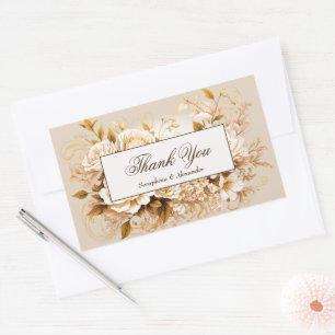 Sticker Rectangulaire Élégant Remerciement de Mariage Fleurs Or et Ivoir