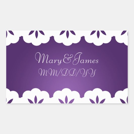 Sticker Rectangulaire Elégante Date de Mariage Blanche dentelle pourpre (Devant)