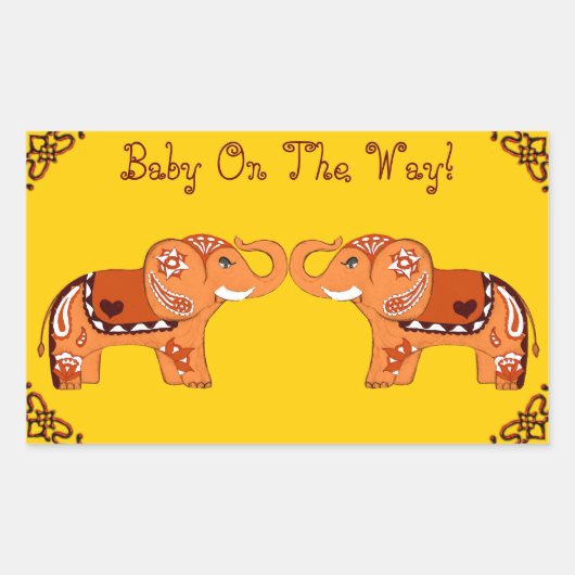 Sticker Rectangulaire Eléphant au henné (orange/rouge) (Baby shower) (Devant)