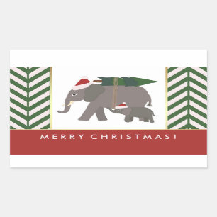 Sticker Rectangulaire Éléphants de Noël avec les casquettes, l'arbre,