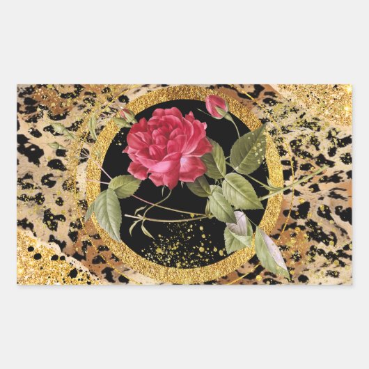 Sticker Rectangulaire empreinte de léopard avec rose et parties scintill (Devant)