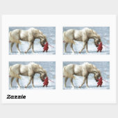 Sticker Rectangulaire Enfant À La Tête D'Un Cheval Dans La Neige (Feuille)